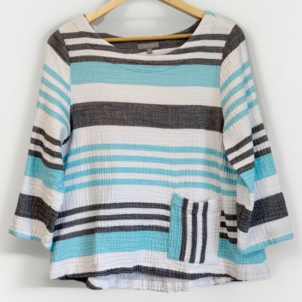 Habitat Blue Gray Striped Gauze Lagenlook Top Womens Small 3/4 Sleeve Coastal